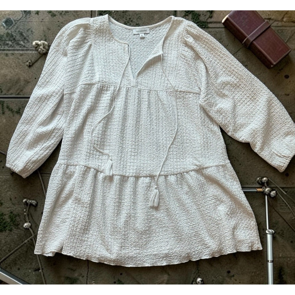 Calligraphie Knit Tasseled Tie Boho/Cottagecore Blouse White Relaxed Fit XL